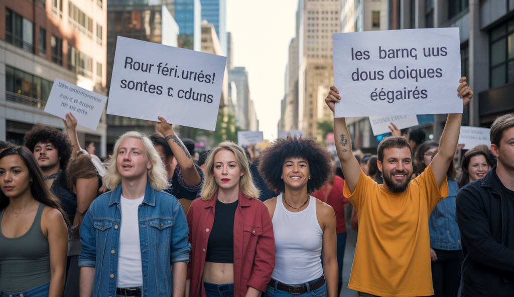 Manifestation pacifique aux États-Unis en 2025 contre les lois restrictives affectant les droits LGBTQ+, avec des pancartes exprimant solidarité et appel à l'égalité sociale dans un contexte urbain moderne sous un ciel lumineux et vibrant