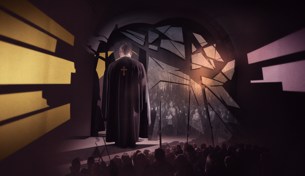 Illustration symbolique des abus dans l'Église Catholique, mettant en lumière la lutte pour la transparence