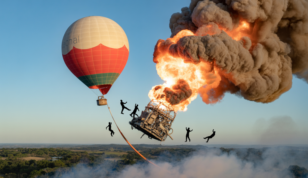 Montgolfière en feu au-dessus de Praia Grande, Brésil, avec la nacelle en flammes chutant vers le sol, signifiant un accident tragique avec victimes