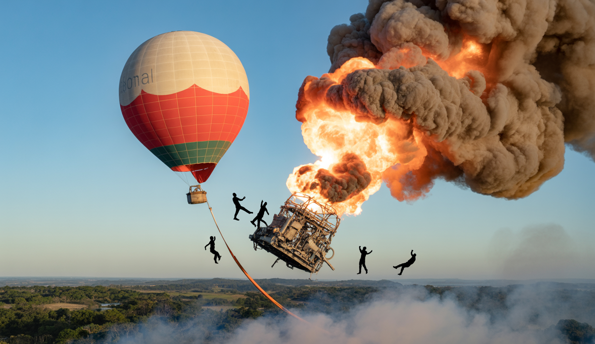 Montgolfière en feu au-dessus de Praia Grande, Brésil, avec la nacelle en flammes chutant vers le sol, signifiant un accident tragique avec victimes