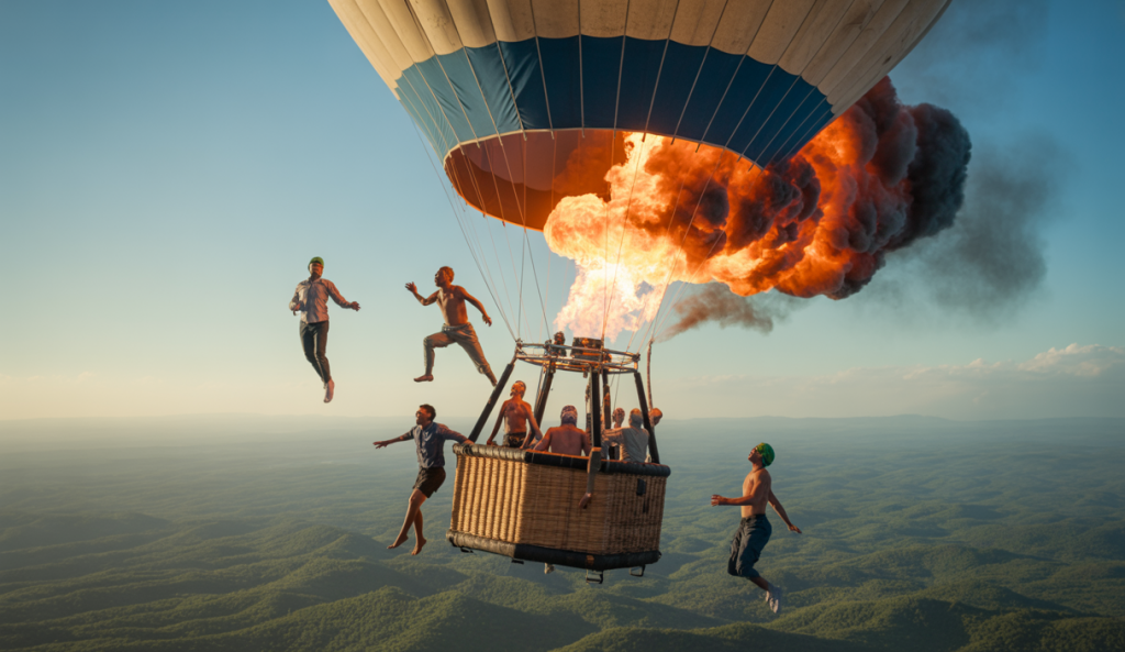Montgolfière en feu survolant Praia Grande au Brésil avec un ciel clair