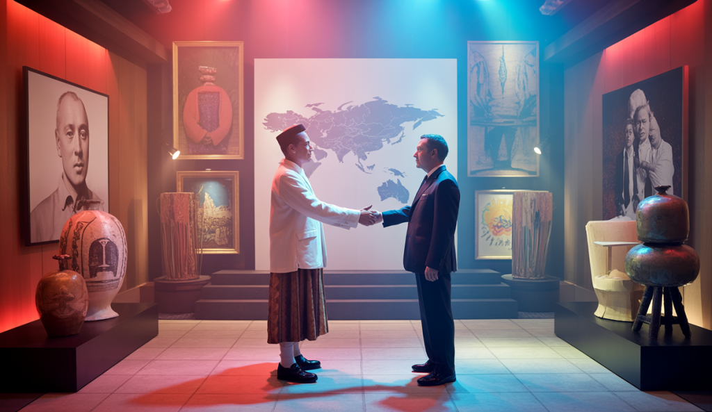 Illustration vibrante de l'accord culturel entre Emmanuel Macron et l'Indonésie