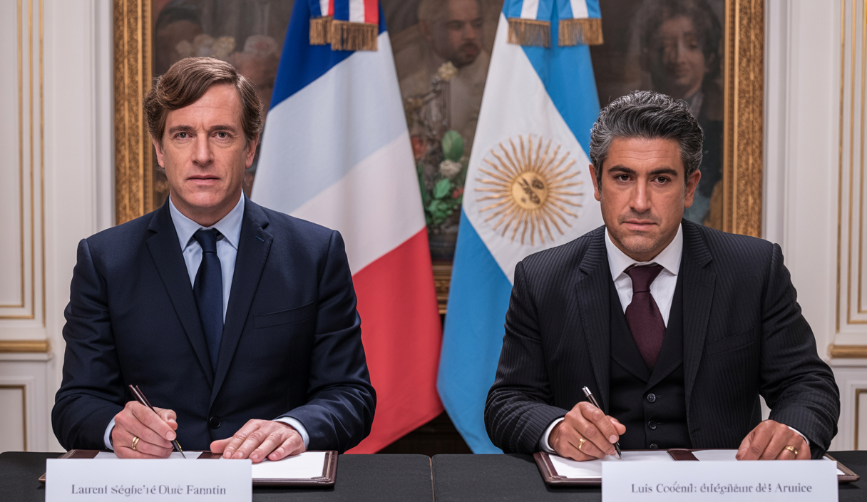 Photographie officielle de la signature de l'accord stratégique entre la France et l'Argentine pour sécuriser l'approvisionnement en minerais critiques, avec les ministres Laurent Saint-Martin et Luis Lucero lors de la cérémonie à l'ambassade de France à Buenos Aires