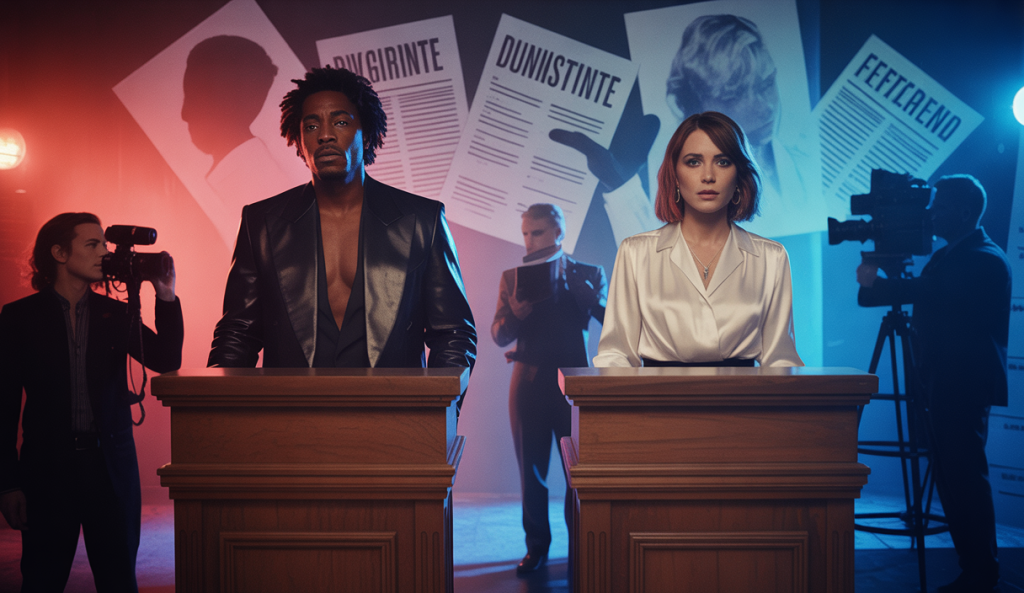 Scène dramatique illustrant des affaires judiciaires médiatiques avec une tension palpable.