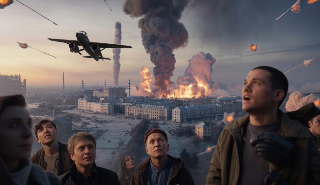 Scène dramatique d'une attaque à Kiev avec ambiance sombre et poignante