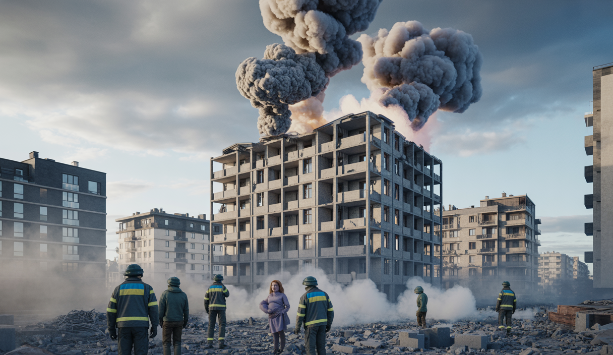 Immeuble résidentiel partiellement effondré à Kiev, fumée noire s'élevant au-dessus, secouristes en intervention sous un ciel gris après une attaque russe par drones et missiles