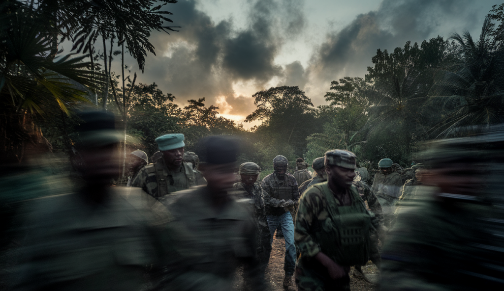 Scène sombre d'une attaque jihadiste au Bénin avec des soldats en alerte