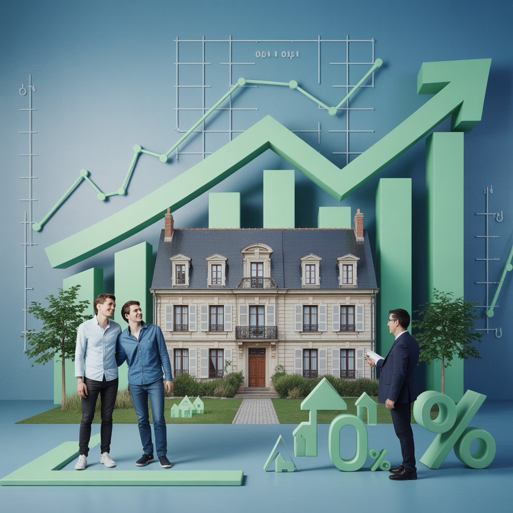 Illustration d'une maison en France avec des taux de crédit en baisse