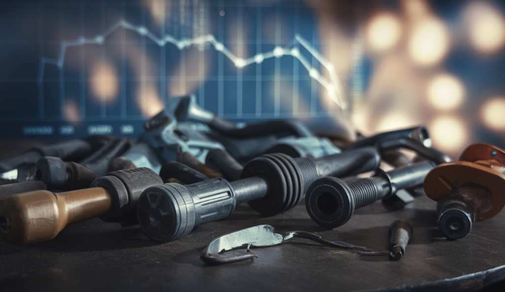 Image illustrant la baisse des ventes de bricolage avec des outils et des graphiques.