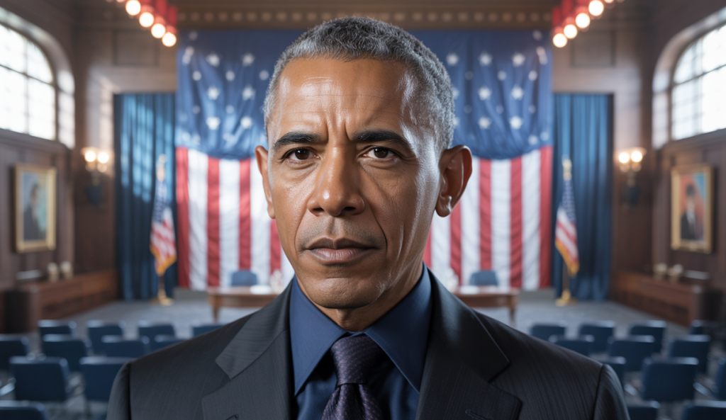 Portrait de l'ancien président américain Barack Obama, exprimant une préoccupation sérieuse lors d'un discours solennel sur la démocratie américaine menacée