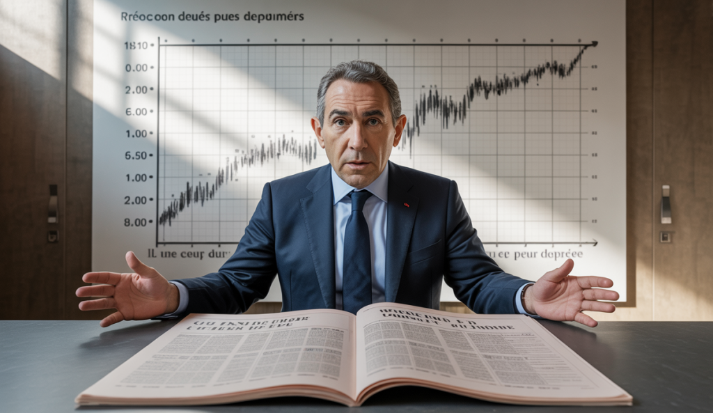 François Bayrou tenant un discours, avec un graphique de budget derrière lui et des journaux ouverts sur ses propositions de suppression de jours fériés.