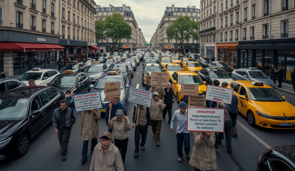 Scène de blocage à Paris avec agriculteurs et taxis