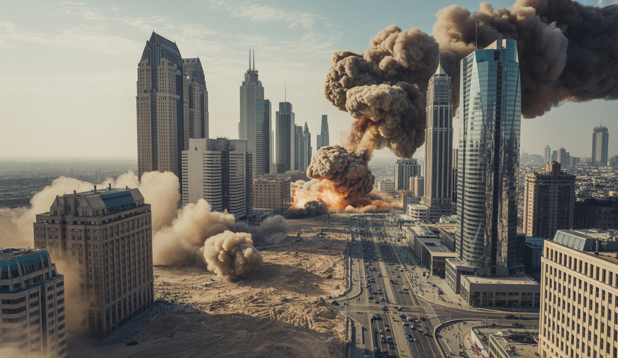 Image montrant les conséquences d'un bombardement israélien sur le quartier général de la défense à Damas, avec des bâtiments endommagés et une ambiance de tension régionale