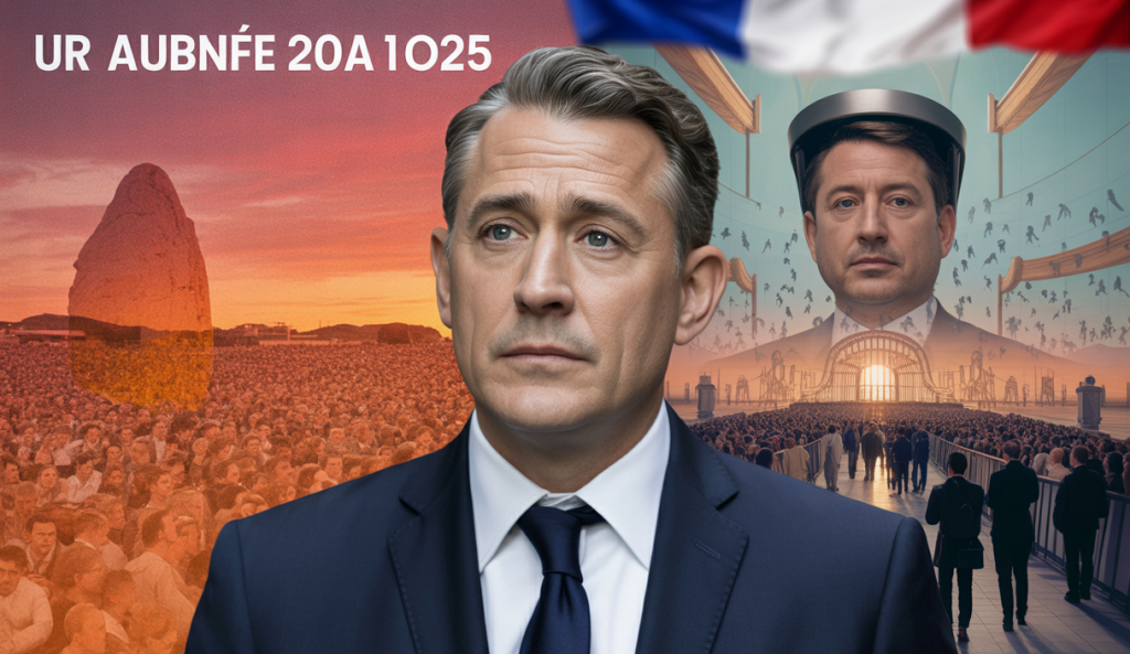 Portrait de Bruno Retailleau lors du Congrès national des Républicains en juin 2025 avec un fond évoquant la canicule, la présidentielle 2027, la crise migratoire et la stratégie politique des Républicains en France