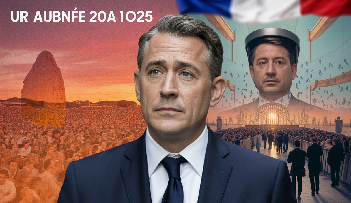 Portrait de Bruno Retailleau lors du Congrès national des Républicains en juin 2025 avec un fond évoquant la canicule, la présidentielle 2027, la crise migratoire et la stratégie politique des Républicains en France