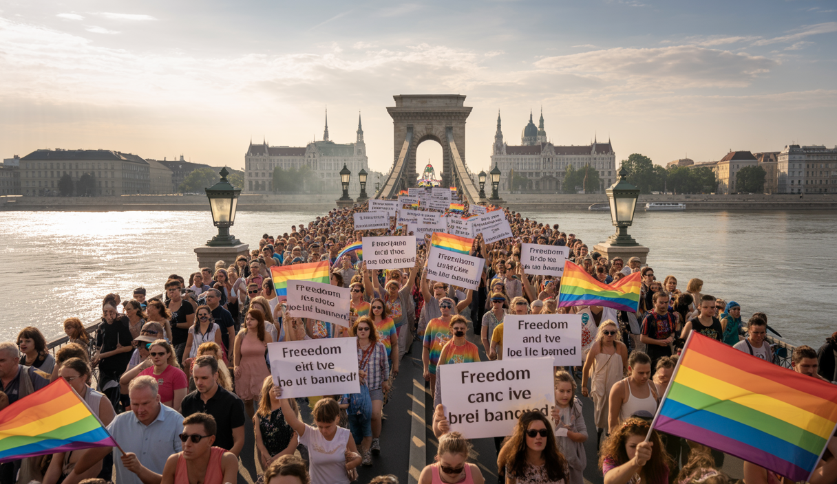 Une foule immense de 200 000 personnes défilant lors de la Budapest Pride 2025, brandissant des drapeaux arc-en-ciel et des pancartes en soutien à la communauté LGBTQ+, dans une ambiance festive et pacifique sur le pont Erzsébet à Budapest, sous un ciel clair au coucher du soleil.