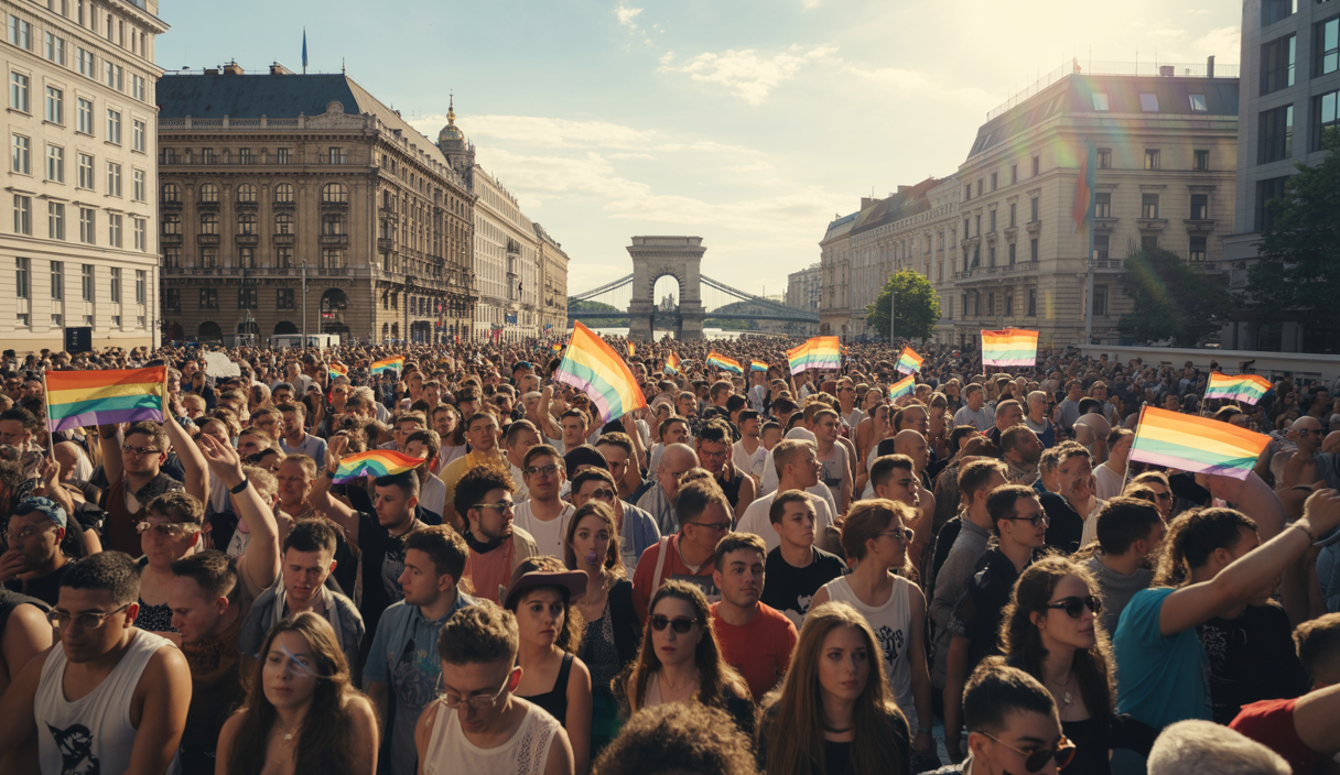 Des milliers de manifestants portant des drapeaux arc-en-ciel défilent dans une rue animée de Budapest lors de la Pride 2025 malgré l’interdiction gouvernementale