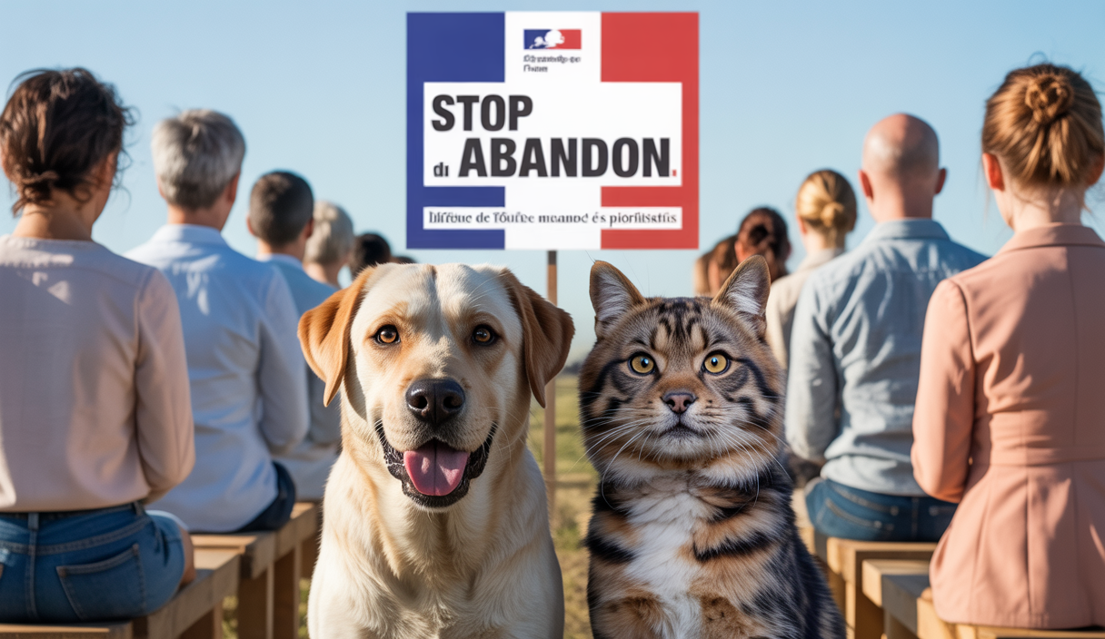 Illustration d'une campagne nationale 2025 en France contre l'abandon des animaux domestiques mettant en scène un chien et un chat auprès de silhouettes humaines engagées, avec des éléments visuels de sensibilisation et de protection animale.