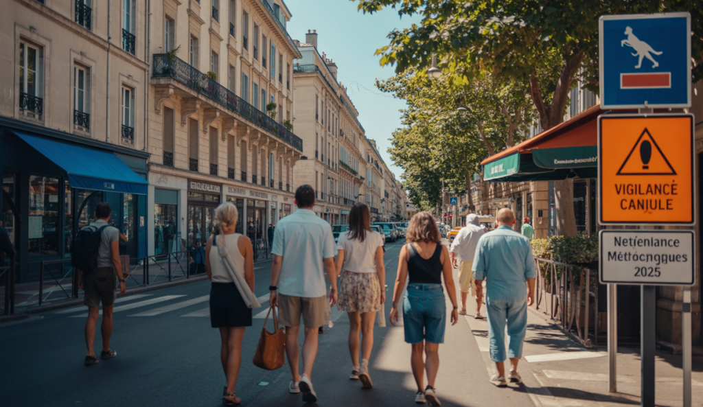 Une rue en France sous une chaleur intense avec un soleil éclatant, des passants cherchant de l'ombre, et des panneaux d'alerte sanitaire pour canicule