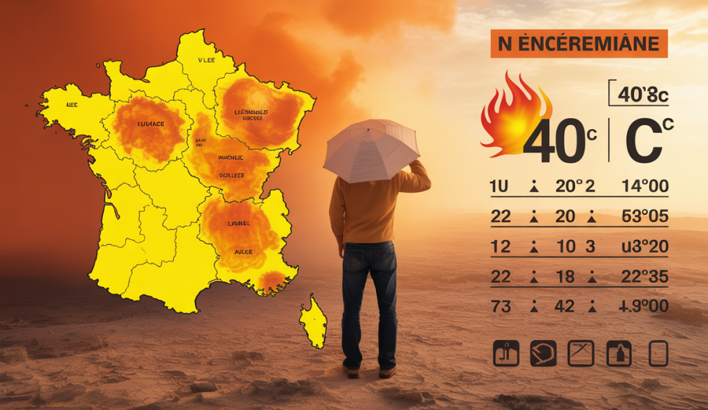 Carte de la France en vigilance orange pour une canicule historique avec des températures atteignant 40°C et mesures sanitaires renforcées