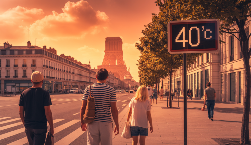 Paysage urbain français sous une canicule exceptionnelle, ciel brûlant orange, thermomètre affichant 40°C, passants en tenues légères cherchant de l'ombre, végétation asséchée et ciel limpide d'été