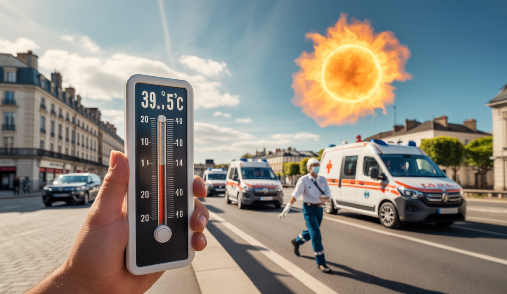 Thermomètre affichant 39,5°C sous un soleil éclatant en plein été en France, avec en arrière-plan des ambulances et des personnels de santé en action.