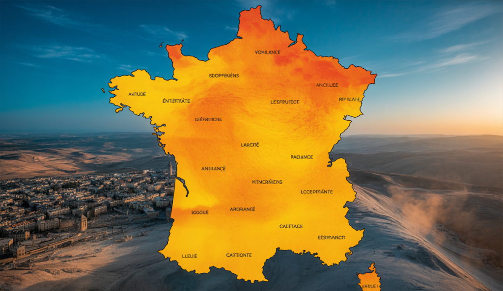Carte de la France montrant 84 départements en vigilance orange canicule avec des températures dépassant 40°C, sous un ciel d'été intense et un paysage urbain et rural affectés par la chaleur extrême.