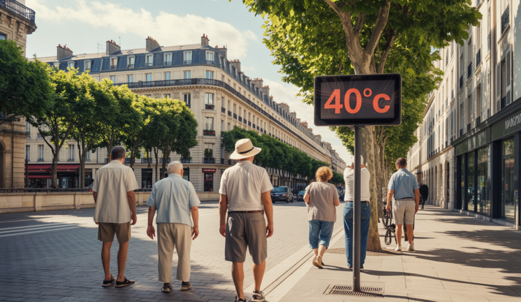 Paysage urbain français sous une canicule intense avec températures atteignant 40°C en juin 2025, des silhouettes de personnes cherchant de l'ombre, un ciel d'été clair et des affichages météorologiques alertant sur les risques sanitaires.