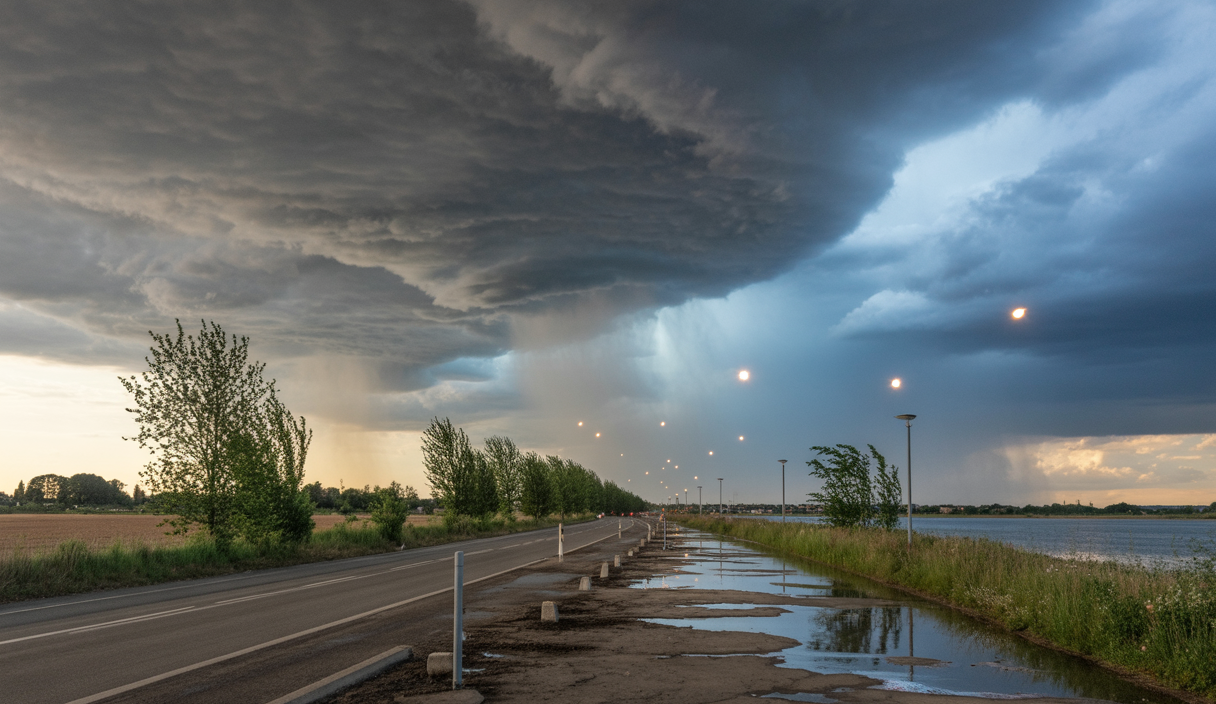 Paysage urbain avec ciel orageux intense, éclairs fulgurants, rues inondées, arbres tombés sur routes, coupures d’électricité et infrastructures endommagées sous une canicule extrême