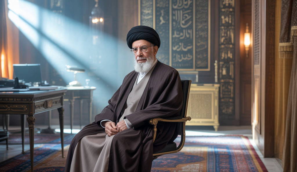 Portrait hyperréaliste de l'Ayatollah Ali Khamenei symbolisant la centralisation du pouvoir en Iran en 2025 dans un décor politique solennel et contemporain