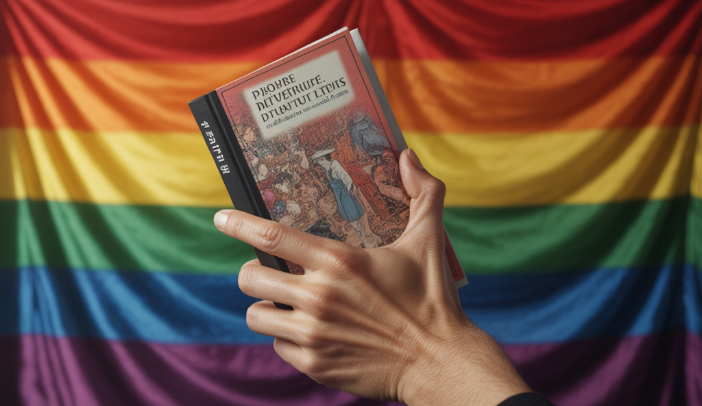 Illustration symbolique d'une main tenant un livre interdit avec un drapeau arc-en-ciel en arrière-plan, représentant la censure renforcée de la littérature gay en Chine