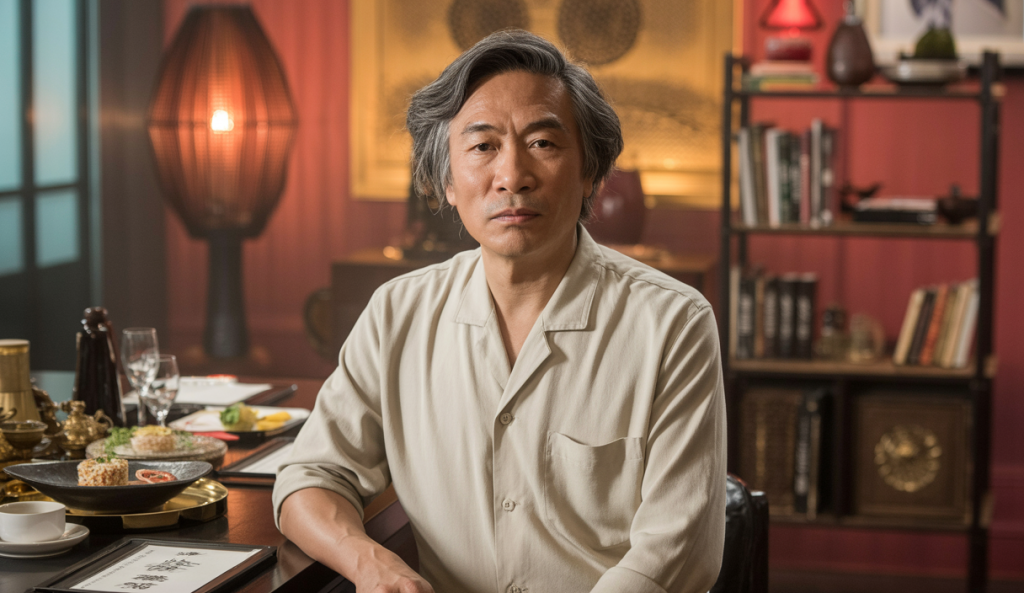 Portrait de Chua Lam, critique gastronomique singapourien décédé, en tenue décontractée dans un cadre chaleureux évoquant la gastronomie asiatique