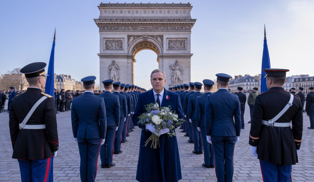 Cérémonie officielle de commémoration du traité de Versailles en 2025 avec dépôt de gerbes et hommage aux soldats de la Première Guerre mondiale sous l’Arc de Triomphe à Paris