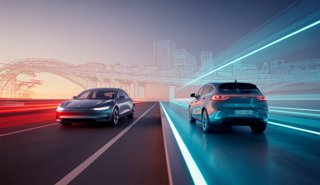 Représentation de la compétition entre Tesla et les constructeurs chinois sur le marché des voitures électriques en 2025.