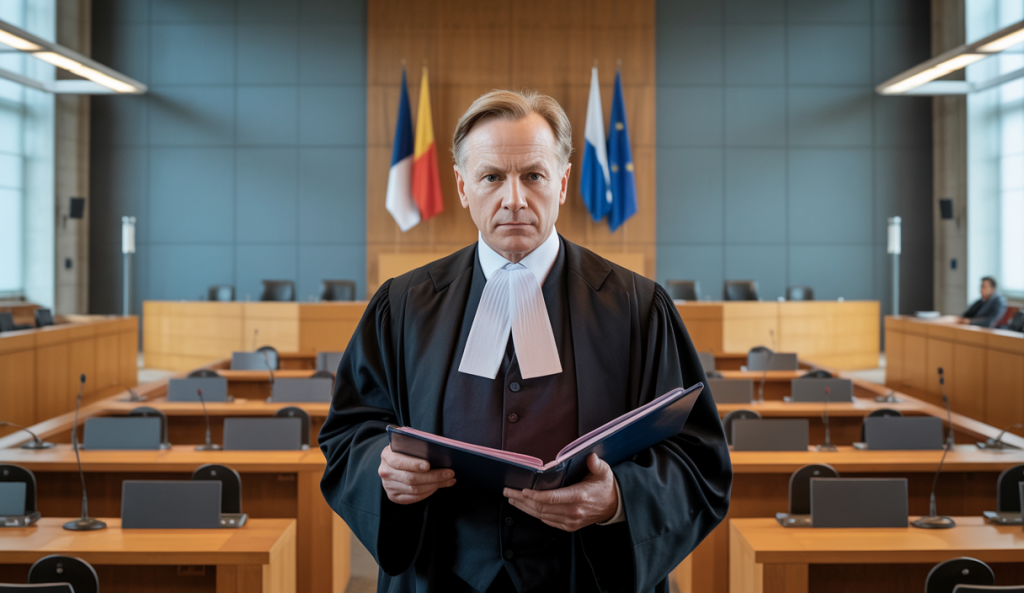 Salle d’audience de la Cour européenne des droits de l’homme avec un juge debout en toge discutant un dossier, ambiance solennelle et lumière tamisée