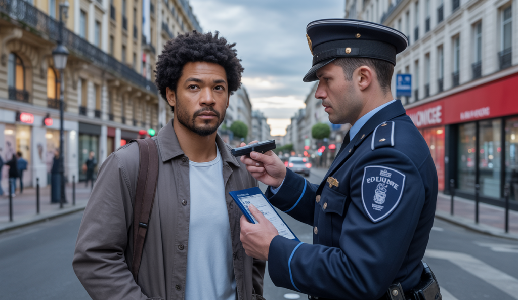 Vue illustrée d'un homme d'origine africaine soumis à un contrôle d'identité discriminatoire par un policier français dans un cadre urbain typique en France, mettant en lumière le problème du contrôle au faciès condamné par la Cour européenne des droits de l'homme.