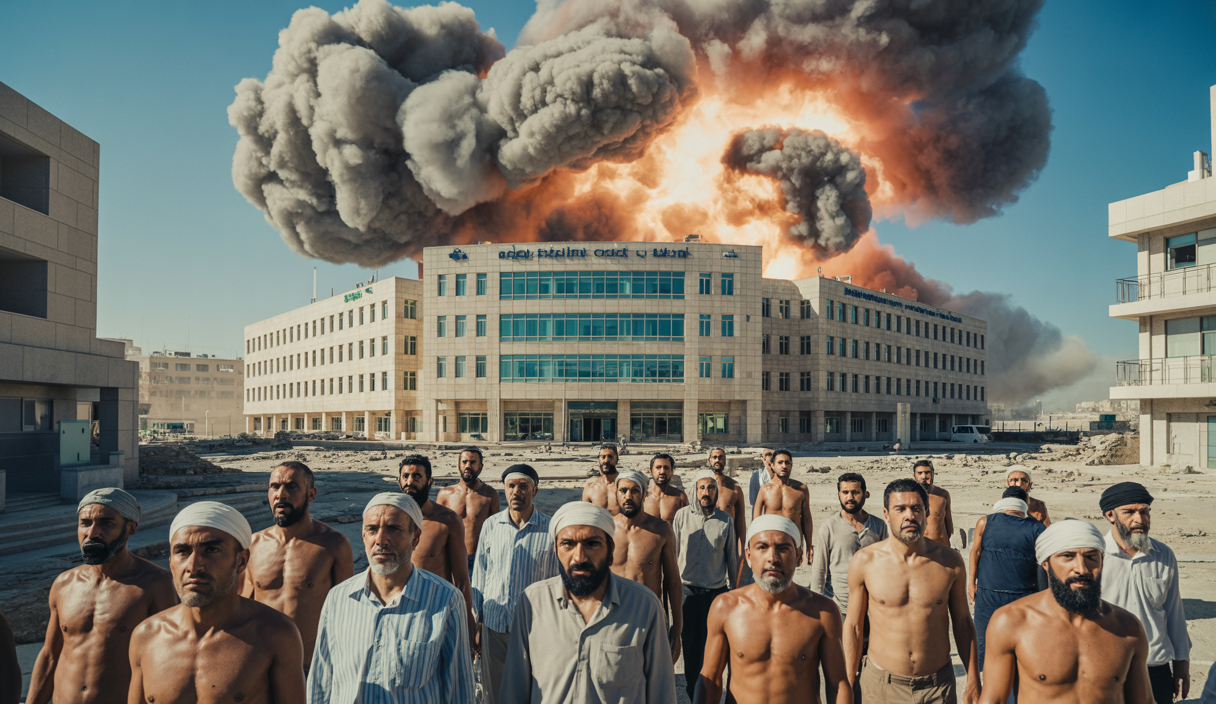 Illustration dramatique du conflit Iran-Israël en juin 2025 montrant des frappes aériennes sur un hôpital à Gaza, des bâtiments en ruines, des civils en détresse, et des tensions nucléaires perceptibles à travers des symboles visuels d’armes et de diplomatie régionale