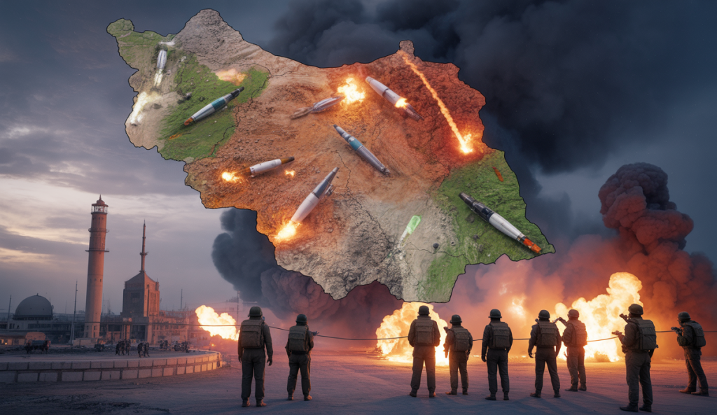 Carte du Moyen-Orient montrant Israël et l'Iran avec des zones de frappes aériennes et missiles en surimpression, symbolisant un cessez-le-feu fragile après 12 jours d’affrontements intenses.