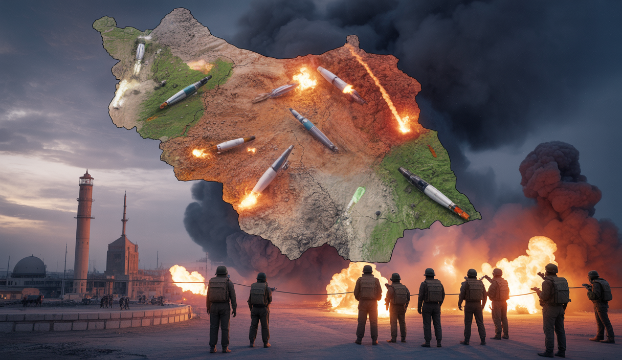 Carte du Moyen-Orient montrant Israël et l'Iran avec des zones de frappes aériennes et missiles en surimpression, symbolisant un cessez-le-feu fragile après 12 jours d’affrontements intenses.