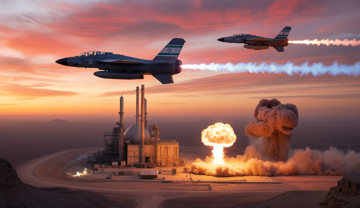 Image symbolisant l'intensification du conflit Iran-Israël avec des frappes aériennes et des explosions, mettant en lumière plus de 400 morts en Iran et les risques d'escalade régionale majeure