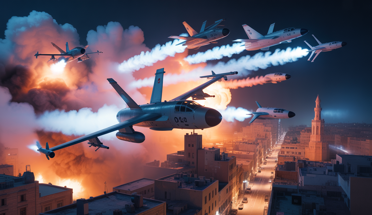 Illustration hyper-réaliste représentant un conflit militaire intense en cours en juin 2025 entre Israël et l'Iran, montrant des frappes aériennes lumineuses et des ripostes massives sur un ciel sombre, avec une atmosphère de menace nucléaire palpable et une tension palpable dans un paysage urbain moyen-oriental