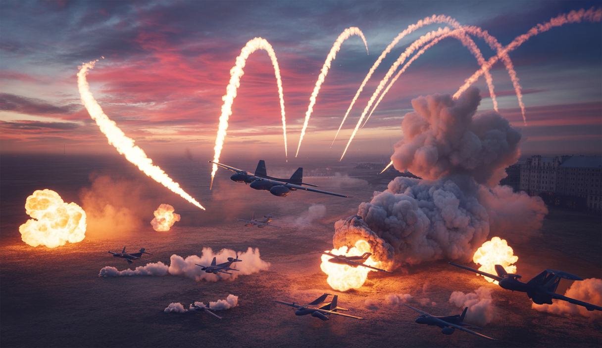 Scène dramatique d'un conflit militaire en juin 2025 avec un ciel éclatant en arrière-plan