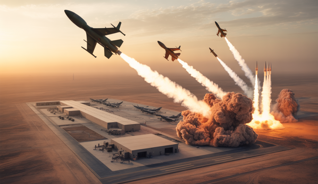 Base militaire américaine au Moyen-Orient sous attaque de missiles iraniens avec tensions géopolitiques exacerbées entre la Russie, l'Iran et les États-Unis