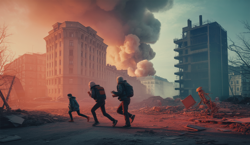 Vue dramatique du conflit russo-ukrainien avec des impacts visibles à Kiev et Odessa