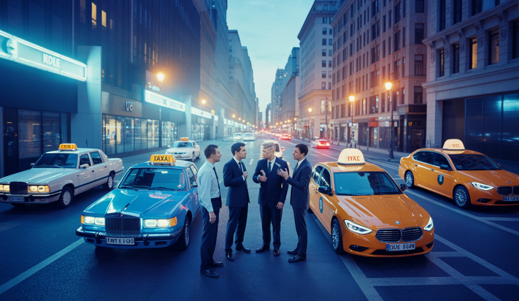 Scène de crise entre taxis et VTC sous un éclairage urbain