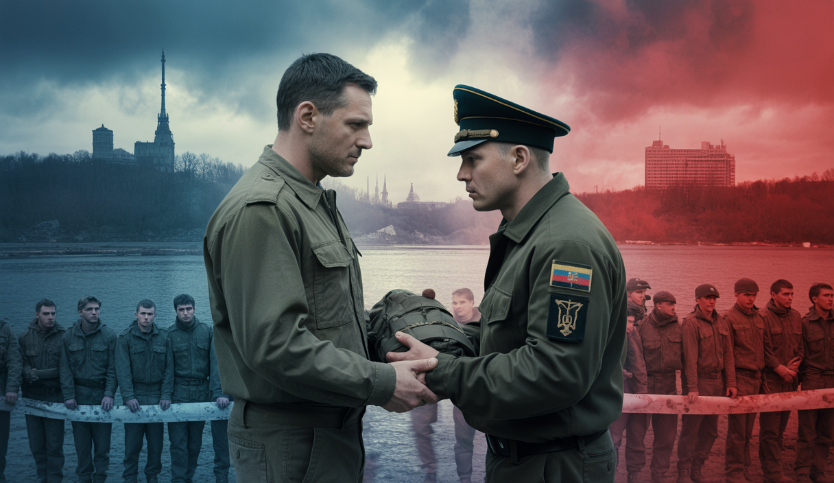 Image représentant le conflit entre l'Ukraine et la Russie avec des éléments militaires et symboliques.
