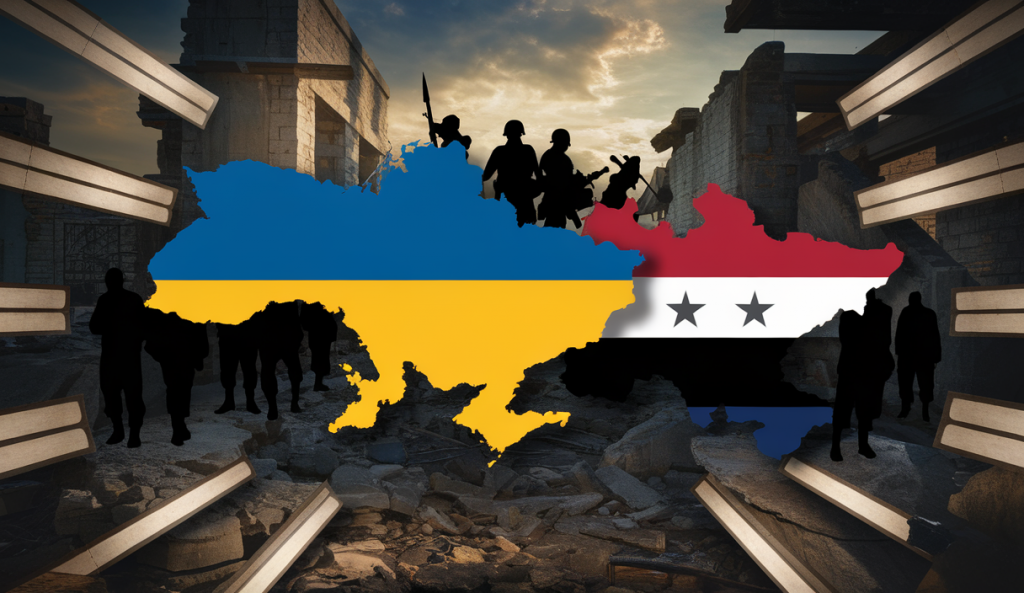 Illustration géopolitique des conflits en Ukraine et en Syrie en 2025