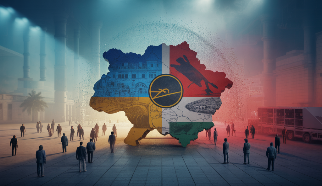 Illustration symbolique des conflits en Ukraine et à Gaza avec impact géopolitique