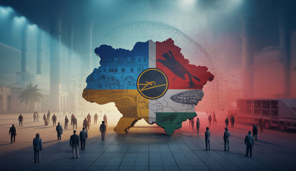 Illustration symbolique des conflits en Ukraine et à Gaza avec impact géopolitique