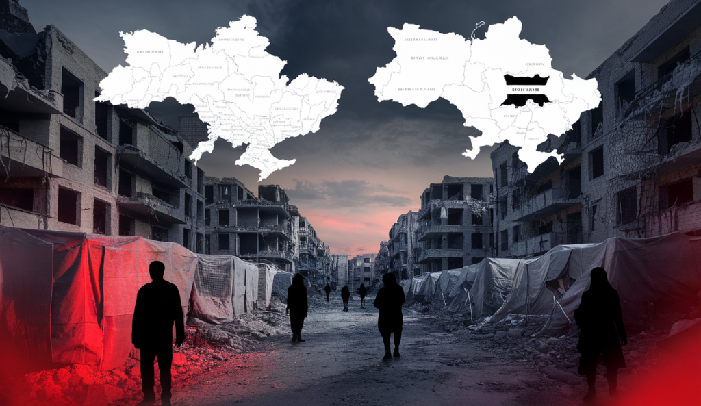 Illustration des conflits en Ukraine et en Syrie avec implications géopolitiques et humanitaires